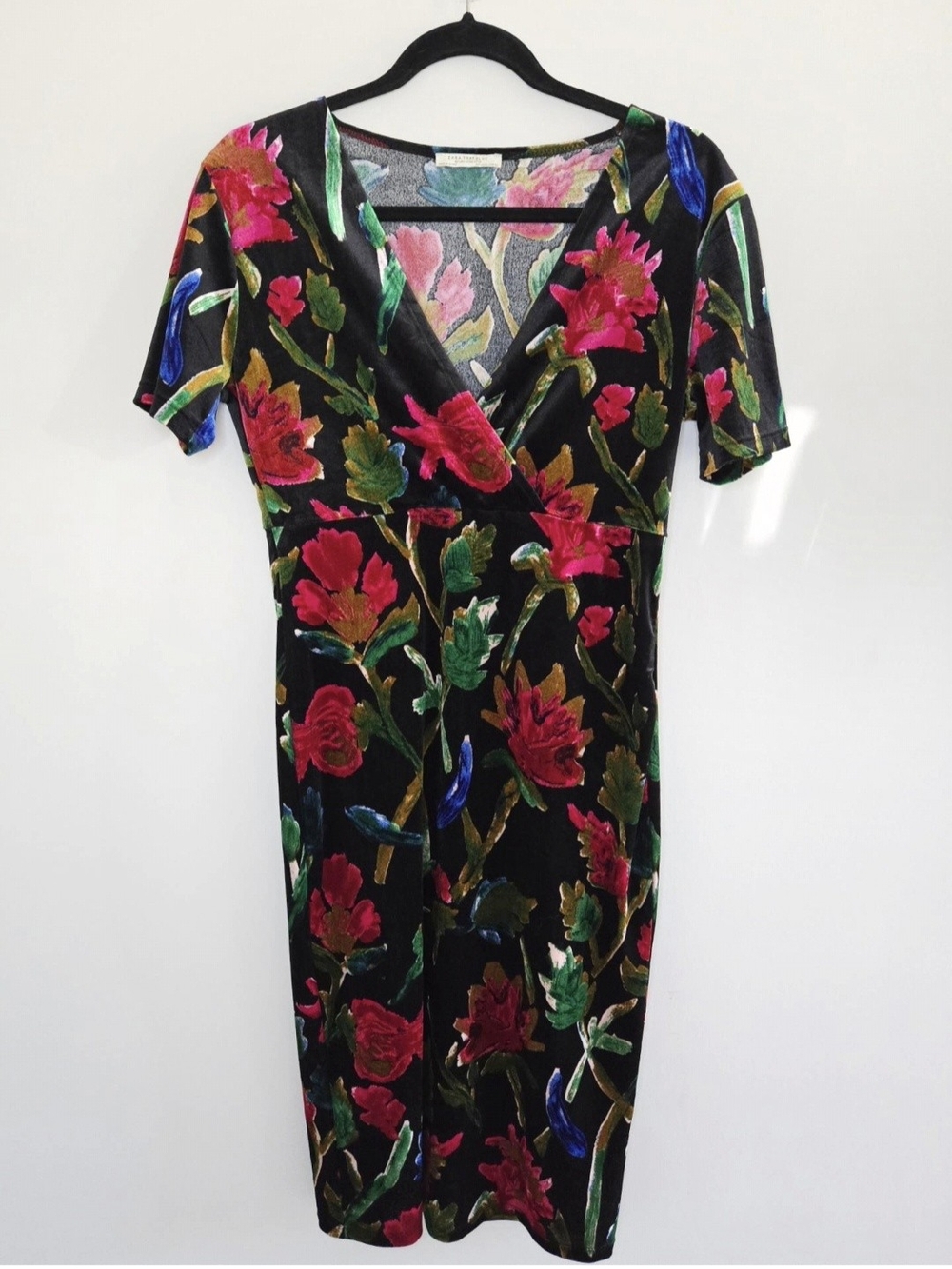 Zara Trafaluc Vintage Black Velvet Midi Dress with Pink & Green Floral Print